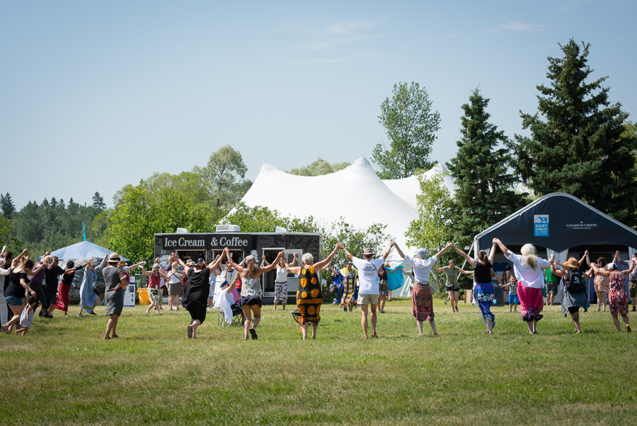 Everyone joins in for a round dance following Friday morning’s traditional welcoming ceremony led by elder Sherry Copenace.