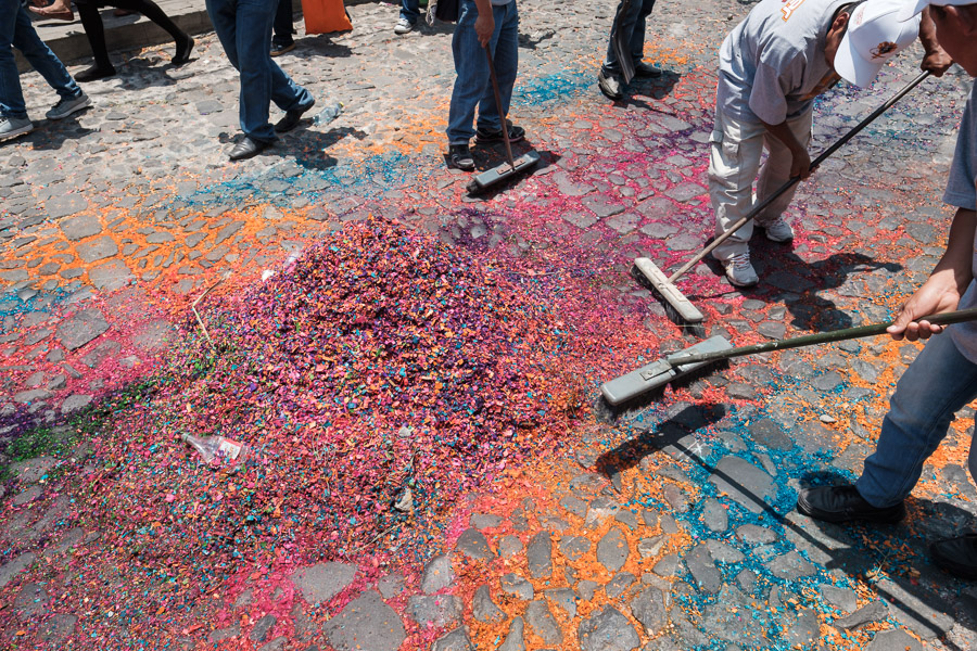 Beautiful carpets just realized are scattered into a colourful confetti, and subsequently wiped from their brief existence.
