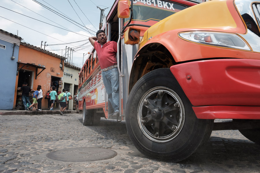 All aboard the chicken bus out of town! These decked out buses are color-coded to indicate their routes as many people can’t read in the rural regions of Guatemala where they run.