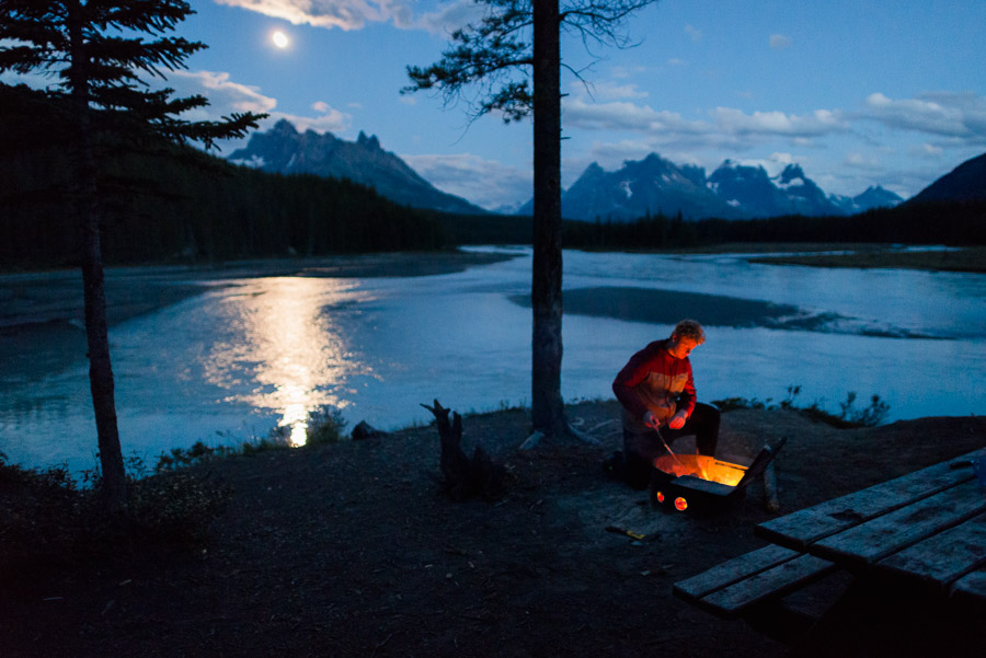 New friends around the fire under the light of a full moon. Camp at Big Bend in Jasper’s backcountry was a nice reward after a hard day’s ride.