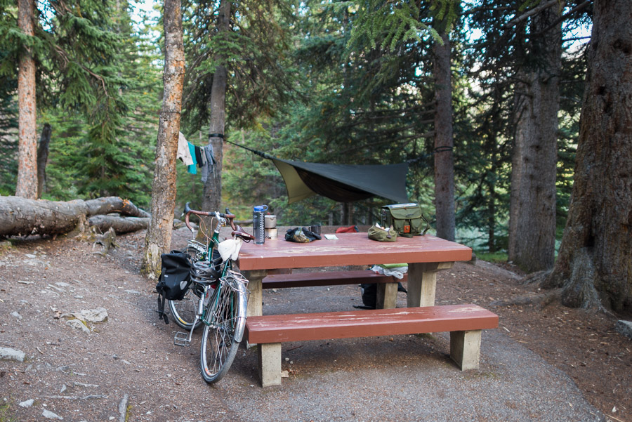 Basecamp at the Columbia Icefields campground. To avoid the long weekend crowds, I parked the bike here for a couple of days while I switched gears and hiked some mountain passes.