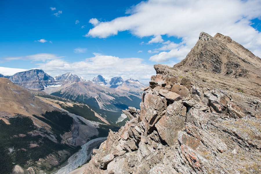 Down at the left of this image is the Athabasca River and Icefields Parkway. Way down there (~1000 meters vertically) is where I took the highway photo the day before and told you to note the peak behind it. Now, I’m on it. Perspective.