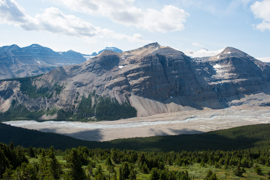 Glacial runoff continues to carve the deep mountain valleys - this one is just inside Banff National Park on another side of the Columbia Icefields. While the rivers up to this point on the trip drain north, this is the first that drains south. These are the headwaters of the mighty Saskatchewan River which drains off the Saskatchewan Glacier.