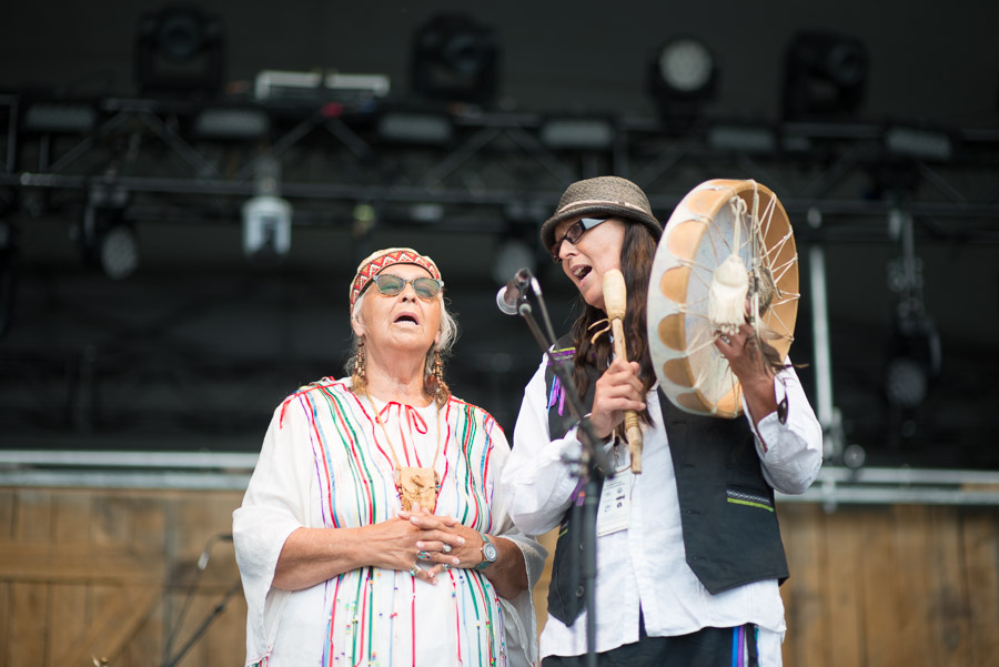 Elder Mae Louise Campbell and her daughter kick off Winnipeg Folk Festival 2016 with a traditional song and blessing.