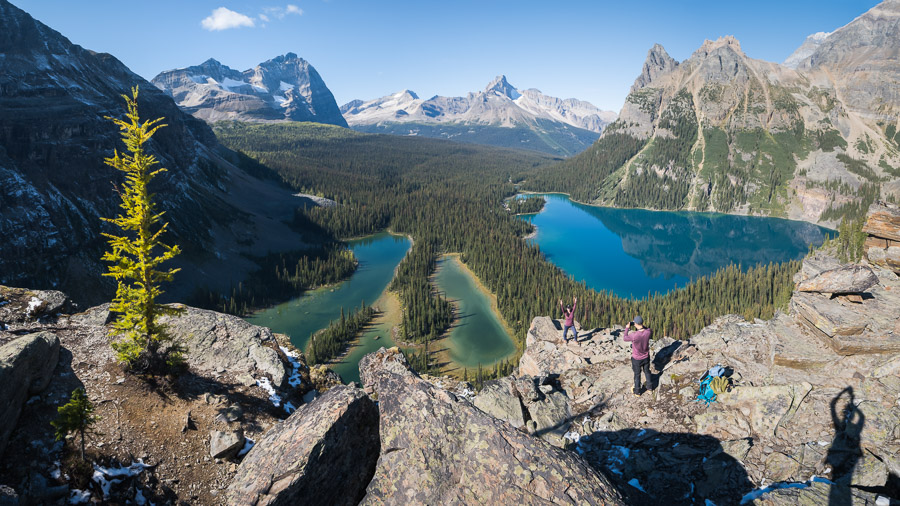 Two hikers celebrate on the rocky ledge of Opabin Prospect high above the turquoise Lake O'Hara and forested valley