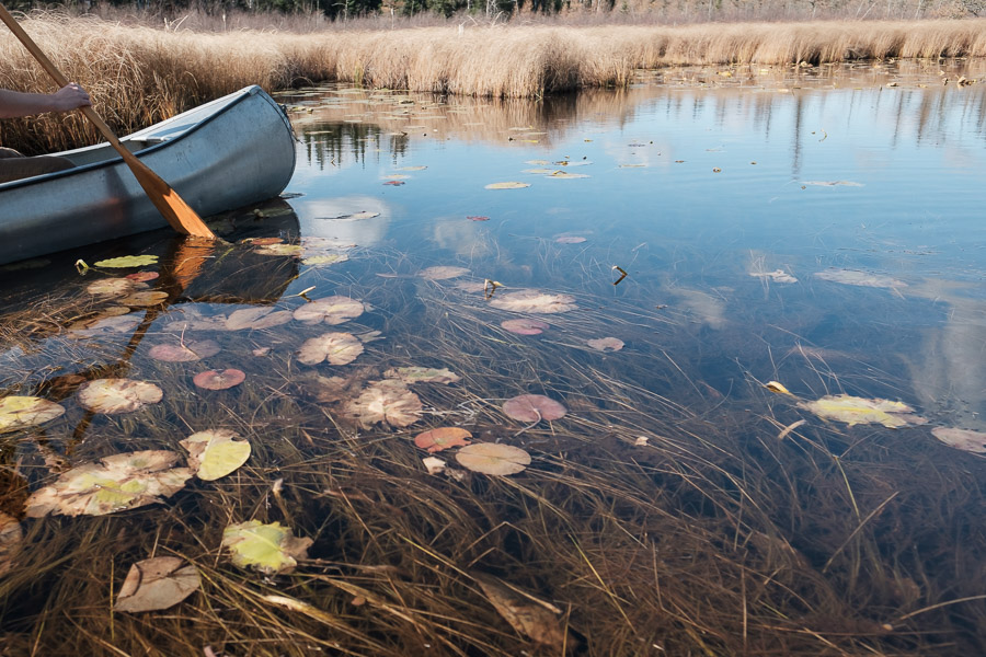 A canoe cuts through autumn reflections, forging a path forward beyond the road&rsquo;s end.Context: A moment from one of many close-to-home adventures in Manitoba. &ndash;link forthcoming&ndash;