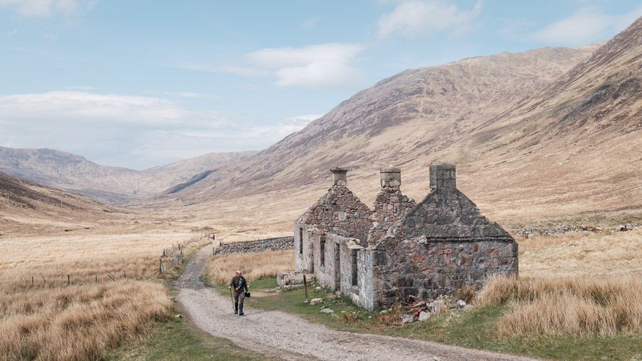 A man hikes an old trail, on a rare sunny day on the West Highland Way.Context: Part of a pilgrimage to connect with family in Scotland (May 2024), here hiking the West Highland Way. &ndash;photoessay&ndash;