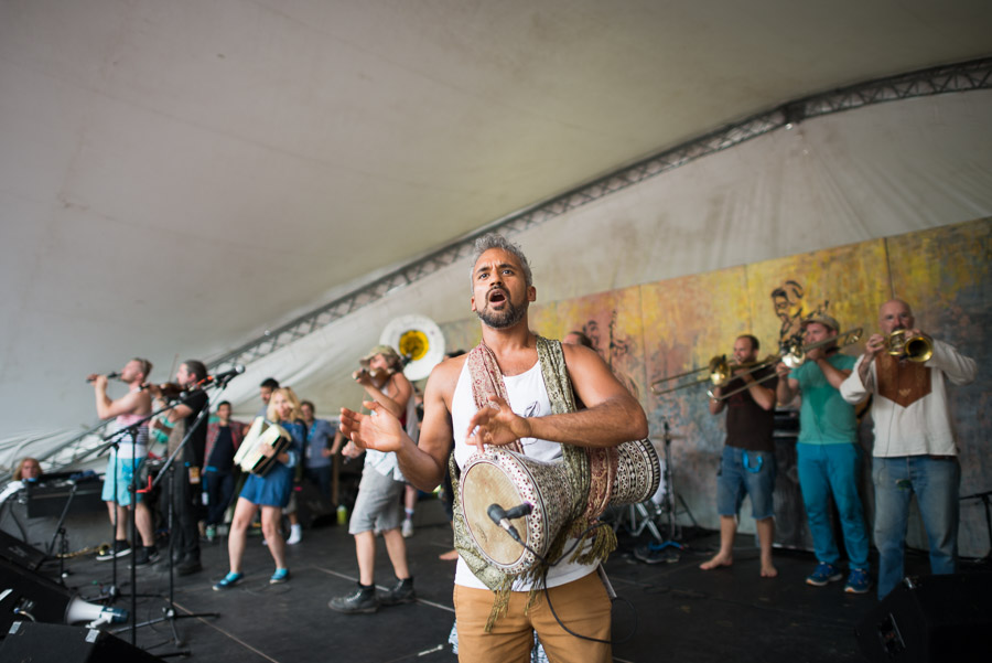 The rhythm section of the &lsquo;Balkan-Klezmer-Gypsy-Party-Punk-Super Band&rsquo;: the Lemon Bucket Orkestra, takes an exhuberant solo.Context: I was a photographer for the Winnipeg Folk Festival for seven years (2013-2020), and have a mountain of images featuring artists and programming. &ndash;link forthcoming&ndash;